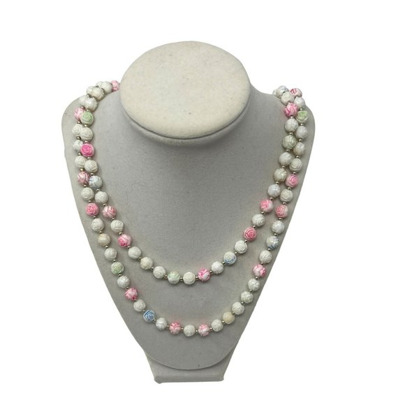 Vintage Hard Plastic Detailed Flower Beads in Pink, Blue, and White - Picture 1 of 5